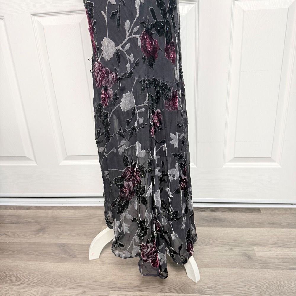 VTG Sue Wong Silk Burnout Velvet Floral Beaded Lace Maxi Dress Black Burgundy 6 - Picture 12 of 16